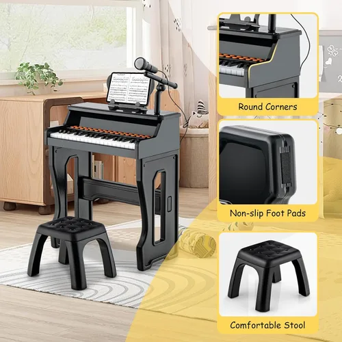 Miniatura 6 de HONEY JOY Piano para niños, piano de teclado negro de 37 teclas para niños con soporte de música y banco, regalo para bebés con micrófono