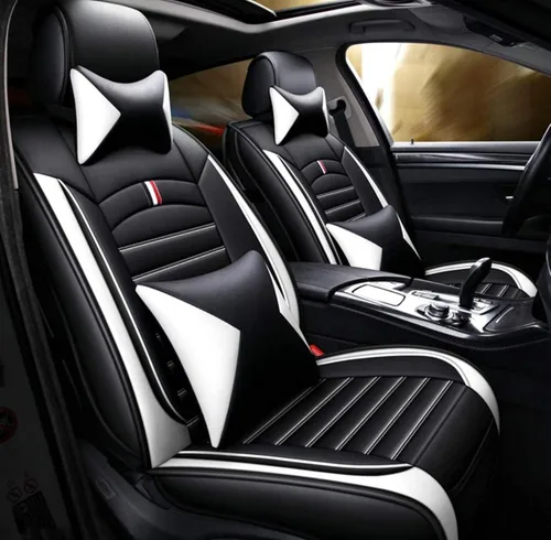 Juego completo de fundas de cojín y almohadas de cuero sintético para asiento delantero y trasero de coche con reposacabezas y soporte de cintura, 5