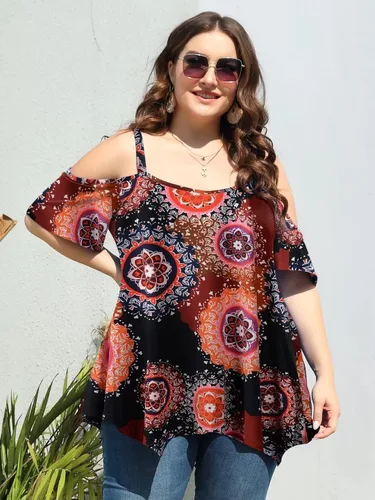 Miniatura 4 de LARACE Blusas de Hombros Descubiertos para Mujeres Ropa de Verano Tirantes Espagueti Túnica Camisas Holgadas Asimétricas Talla Grande Blusa