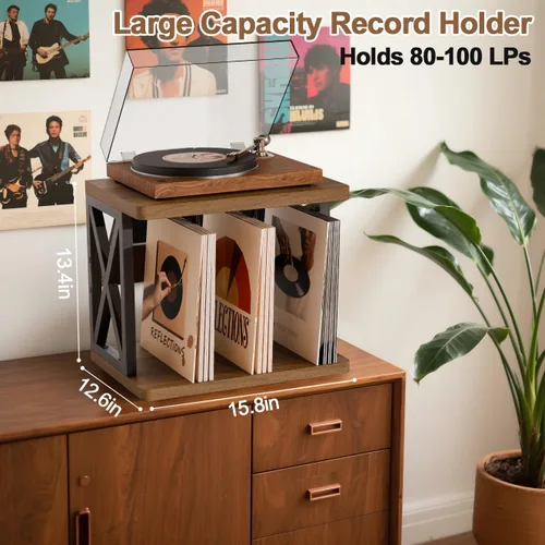 Miniatura 6 de Soporte para discos de vinilo de 80 a 100 libras, soporte de vinilo apilable, soporte para tocadiscos de 2 niveles, soporte giratorio de madera