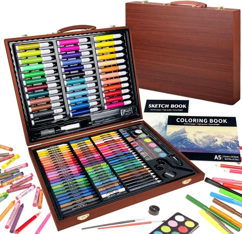KINSPORY Juego de arte de 150 piezas con libro de bocetos, kit de arte para colorear, estuche de suministros de arte para dibujo, marcadores, Marrón