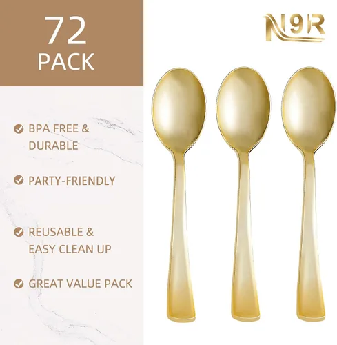 Miniatura 2 de N9R 72 cucharas de plástico doradas, sólidas, duraderas, resistentes, cubiertos de plástico dorado desechables para fiestas, bodas y cenas
