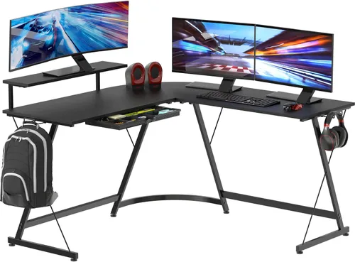 SHW Escritorio Vista en forma de L de 51 x 51 pulgadas con soporte para monitor y cajón, color negro