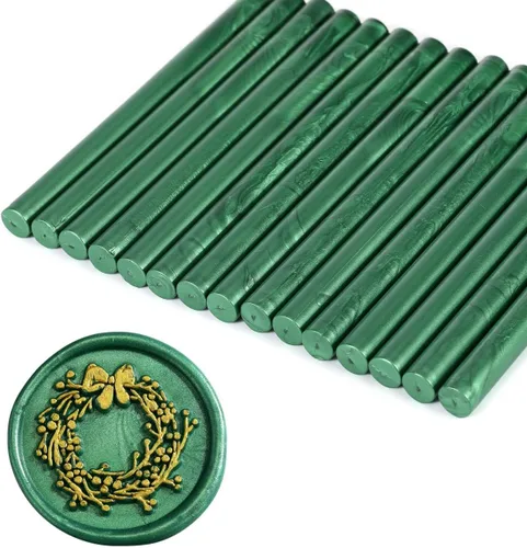 Yoption 15 barras de cera para sellar pistola de pegamento para sello de cera, ideal para invitaciones de boda, tarjetas, sobres (verde metálico)
