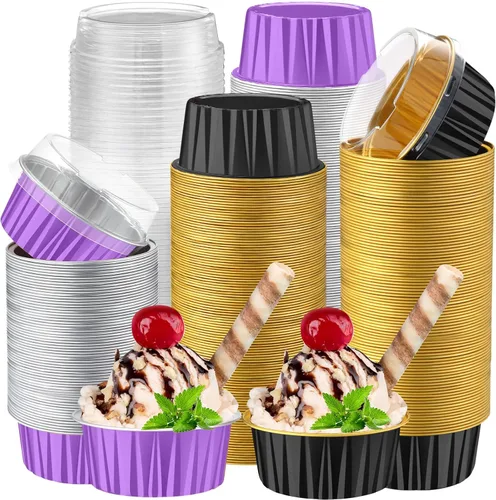 Miniatura 15 de Paquete de 200 Moldes de Papel de Aluminio para Hornear Cupcakes de 5oz Forros para Cupcakes Tazas de Postre con Tapas Moldes Desechables para Verde