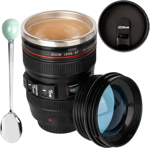 Taza de café con lente de cámara, taza de café de viaje, taza de lente de acero inoxidable, termo con tapa y cuchara, regalos geniales para