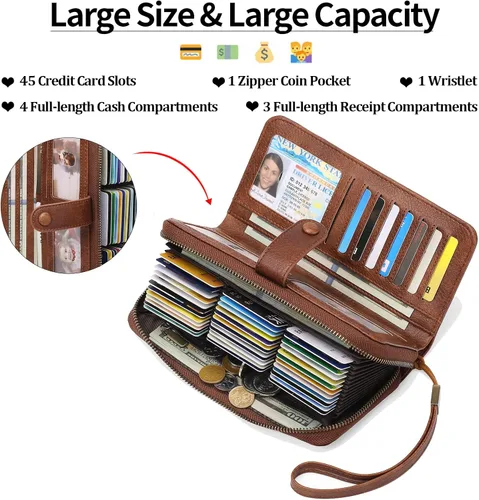 Miniatura 2 de GAEKEAO Leather Credit Card Holder Wallet for Women RFID Blocking Large Capacity Bifold Zipper Card Case Organizer with Wristlet 45 Slots