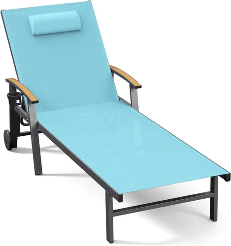 Miniatura 15 de Ciokea Sillón para exteriores con almohada, tumbona de aluminio de 5 posiciones con ruedas y reposabrazos, silla de piscina resistente de 400 libras