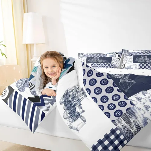 Miniatura 7 de Feelyou Juego de edredón de construcción para niños tamaño completo, juego de ropa de cama de camiones y equipos para niños, edredón de dibujos