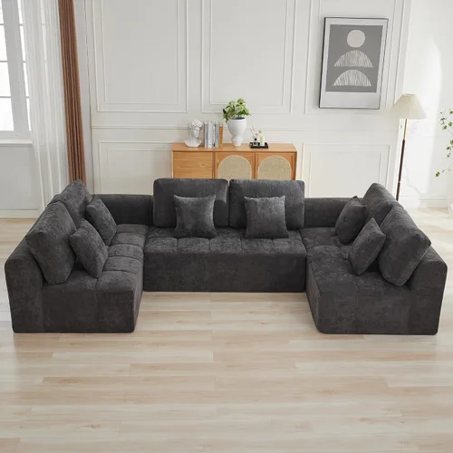 Miniatura 11 de Sofás modulares deshuesados de 140 pulgadas para sala de estar, sofá modular modular de nube comprimida, sofá moderno en forma de U de 9 plazas Gris