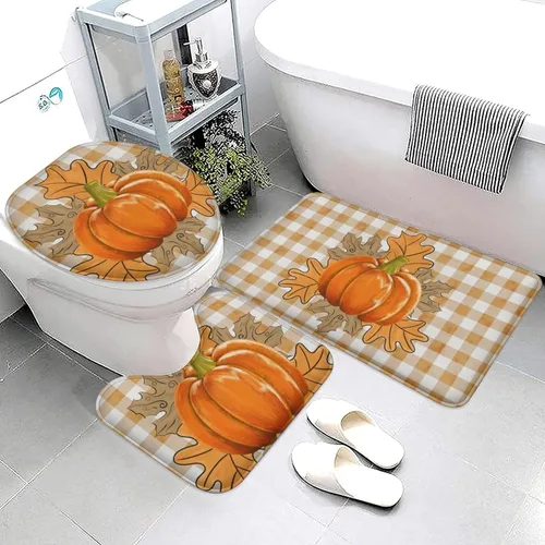 Miniatura 3 de Juego de 3 alfombras de baño de calabaza de otoño con diseño de búfalo naranja, hojas de arce, cosecha de Acción de Gracias, suave, antideslizante