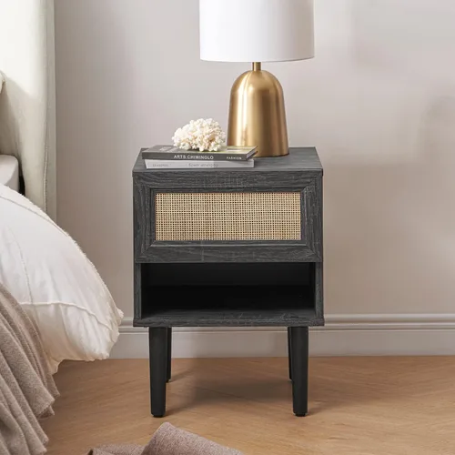 Miniatura 6 de Mopio - Mesita de noche Haylee de ratán, mesa auxiliar perfecta para sala de estar y dormitorio que complementa tu cama o sofá (carbón)