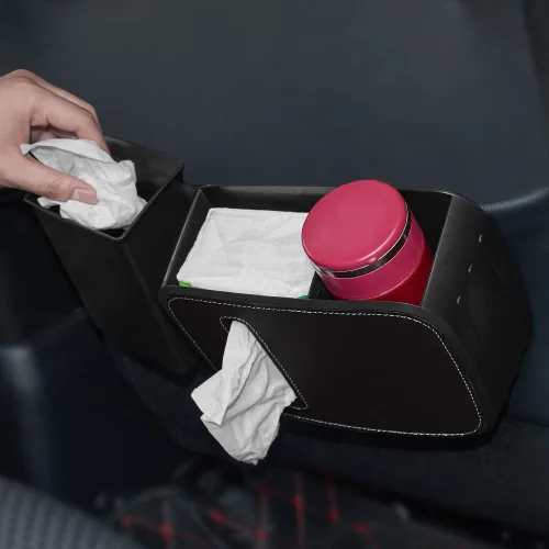 Miniatura 2 de JSCARLIFE Organizador de asiento delantero para automóvil con basura, cubo de basura desmontable para automóvil con caja de pañuelos y caja
