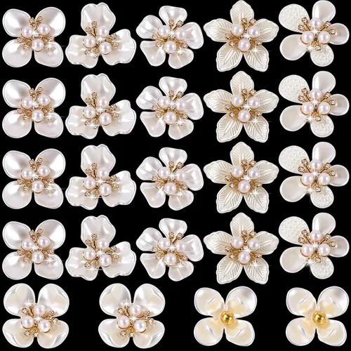 Miniatura 11 de HINZIC 40 piezas de botones de diamantes de imitación de perlas, broches de flores, adornos dorados y plateados, dijes decorativos de boda