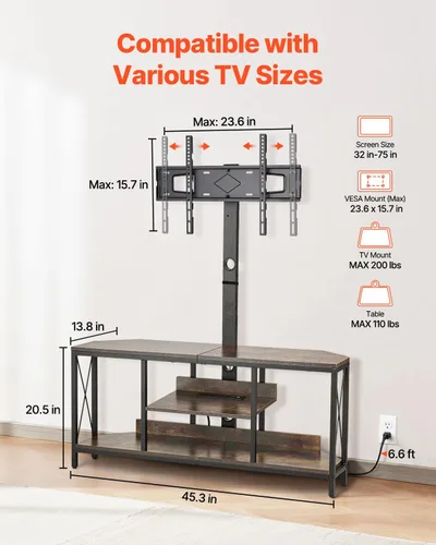 Miniatura 3 de VEVOR Soporte de TV de 45 pulgadas con soporte para televisores de hasta 75 pulgadas, centro de entretenimiento con toma de corriente y luces LED