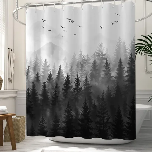 Miniatura 4 de Cortina de ducha de bosque natural, diseño de pino, paisaje de árbol de pino negro, cortina de bañera decoración de baño, tela de poliéster