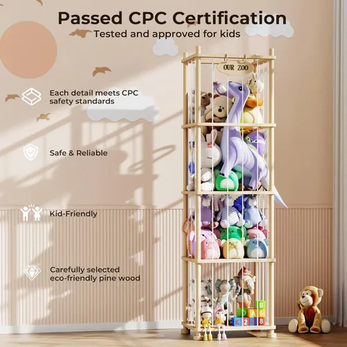 Miniatura 3 de Organizador de almacenamiento de animales de peluche, estante de almacenamiento de juguetes de madera de pino macizo con estantes extraíbles