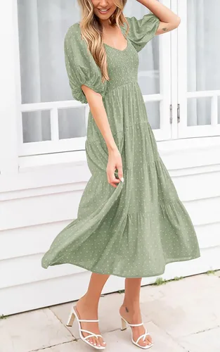 Miniatura 5 de PRETTYGARDEN Vestidos de primavera 2024 para mujer, manga abombada, cuello en V, punto suizo, cintura alta, vestido de gasa con escalones, vestidos