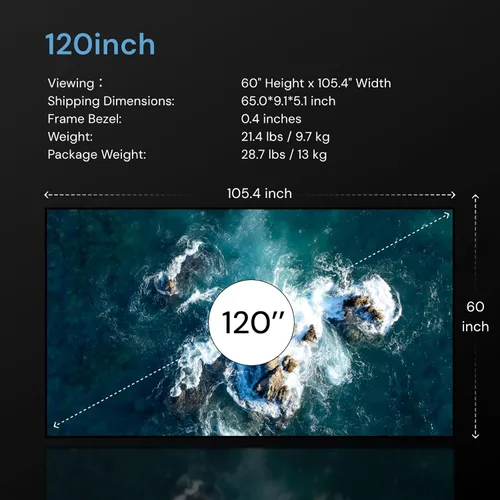 Miniatura 6 de Valerion Pantalla de Proyector de Marco Fijo de 120 Pulgadas, Ganancia de 1.3 dB, 80% de PQE, Ultra HD 4K/8K, Pantalla de Proyector de Montaje
