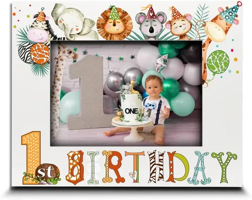 BELLA BUSTA - Marco de fotos de primer cumpleaños, tema de cumpleaños de animales de safari, primer año del pequeño, marco de fotos con impresión UV