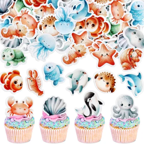 Miniatura 14 de 40 piezas comestibles bajo el mar, sirena, cupcakes, algas, pulpos, estrellas de mar, cupcakes, lindos animales del océano, selecciones de alimentos