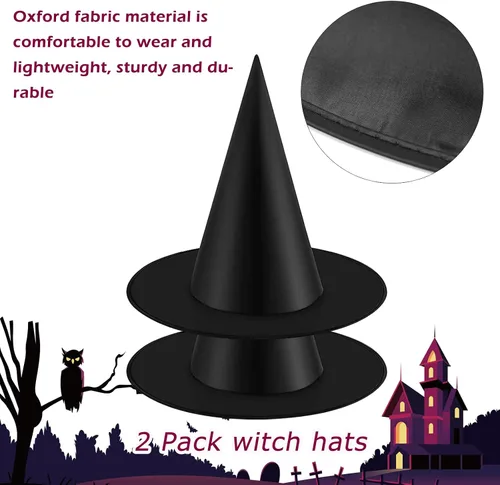 Miniatura 5 de Paquete de 2 sombreros de bruja negros para niños y adultos, sombrero de bruja con rop colgante para decoraciones de fiesta de Halloween
