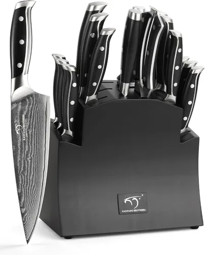 VG10 - Juego de cuchillos de cocina de acero Damasco de 67 capas con asas de triple remache, 6 cuchillos de carne, tenedor de carne, afilador y