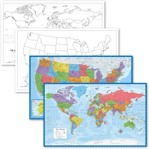 Paquete de 4 pósteres en blanco de mapa de Estados Unidos y del mundo + mapas del mundo y Estados Unidos [océano azul] (laminado, 18 x 29 pulgadas)