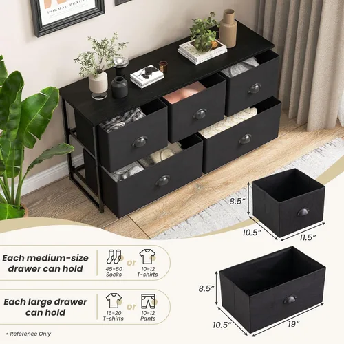Miniatura 4 de Giantex Cómoda negra para dormitorio con 5 cajones, amplio organizador de almacenamiento de ropa con 5 cubos de tela, marco de metal resistente