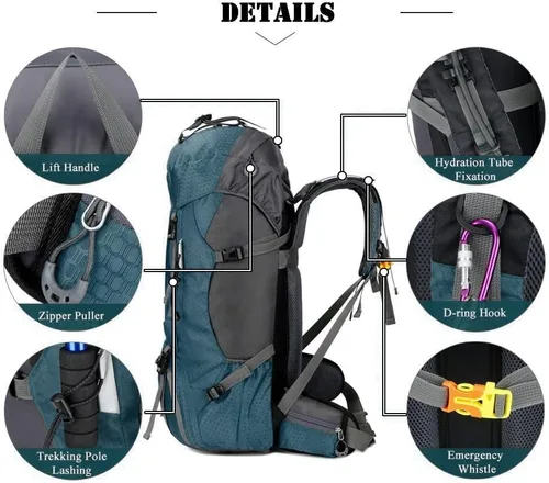 Miniatura 4 de Bseash Mochila impermeable de 60 L para senderismo y campamento con cubierta para lluvia, mochila grande para deportes al aire libre, mochila