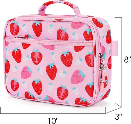 Miniatura 2 de mibasies Lonchera infantil para niñas, bolsa de almuerzo aislada y reutilizable para la escuela, preescolar, jardín de infantes, fresas surtidas