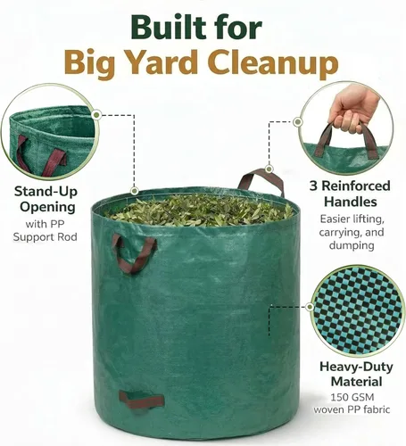 Miniatura 5 de Paquete de 4 bolsas profesionales de jardinería de 132 galones para patio de césped, bolsas de hojas reutilizables extra grandes, contenedor