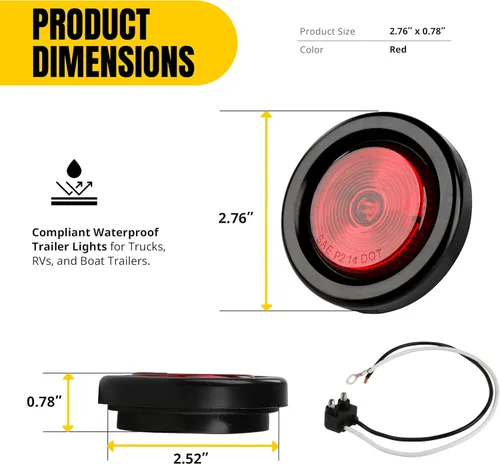 Miniatura 2 de MAXXHAUL 80653 luz LED de balizamiento y gálibo lateral redonda, 2 pulgadas, color rojo con arandela para remolque, camión y RV, paquete de 2