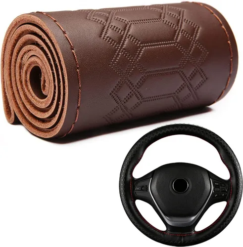 Miniatura 12 de Funda para volante de automóvil, ajuste universal, punto redondo, funda fina de piel sintética cosida en volante de automóvil de 15 pulgadas (negro)
