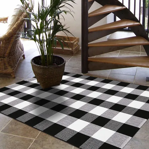 Miniatura 4 de Buffalo - Alfombra a cuadros de 3 x 5 pies, color blanco y negro, alfombra de algodón tejida a mano para porche, cocina, entrada, sala de estar