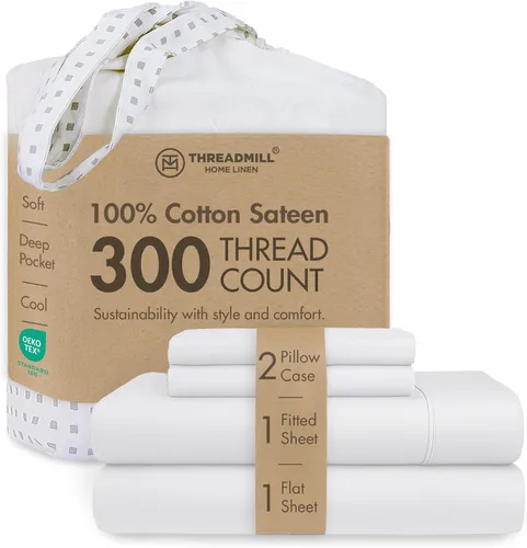 Threadmill Sábanas 100% Algodón para Cama Tamaño King | Juego de Sábanas de Cama King de 4 Piezas | Suave, Transpirable y Ligero Satén Sólido para