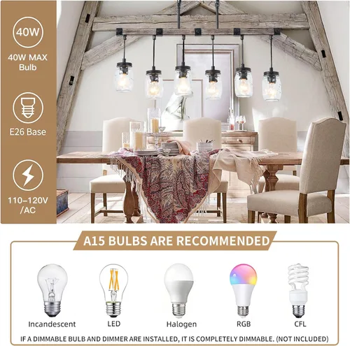 Miniatura 3 de Iluminación de isla de cocina de granja, candelabro de tarro de masón, candelabro rústico lineal de 6 luces, lámpara colgante de 30 pulgadas