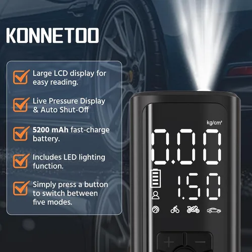 Miniatura 5 de KONNETOO - Compresor de aire portátil - Bomba de aire para neumáticos de automóvil con medidor de presión de neumáticos, inflador de neumáticos