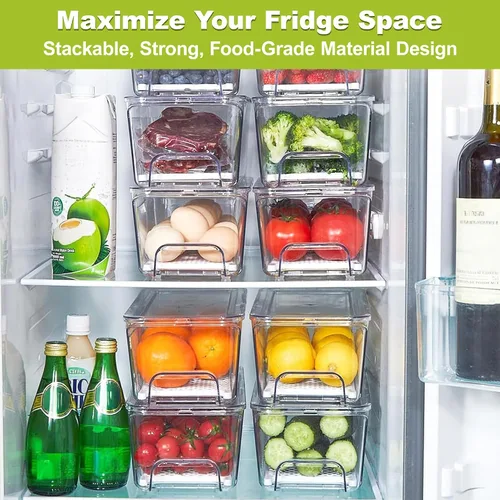Miniatura 4 de Cajón organizador extraíble para refrigerador, contenedores apilables para refrigerador con bandeja de drenaje y tapa, caja transparente