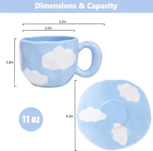 Miniatura 2 de Taza de cerámica Noviko Cloud con platillo, taza de té en forma de nube para niñas y mamá, 11 oz Cielo azul y nubes blancas