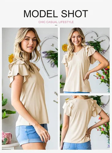Miniatura 4 de EVALESS Blusas de verano para mujer, cuello redondo, manga corta, con volantes, color liso, ajustadas, blusas casuales
