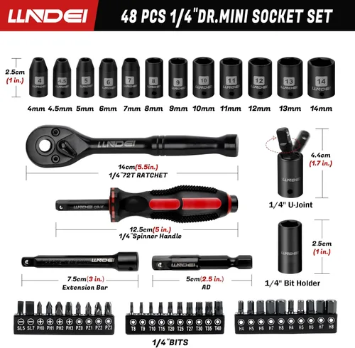 Miniatura 2 de LLNDEI Juego de llaves de trinquete de 48 piezas de 1/4 pulgada, enchufe métrico poco profundo (4-14mm) de 6 puntas, con 72 dientes, juego de llaves