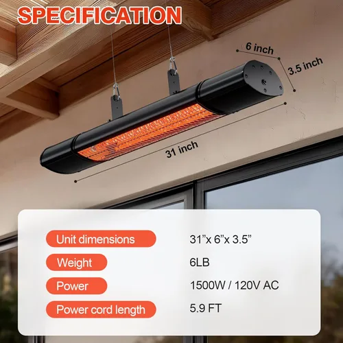 Miniatura 6 de Calentador eléctrico colgante de patio con control remoto, control de temperatura integrado, montado en la pared o en el techo, apto