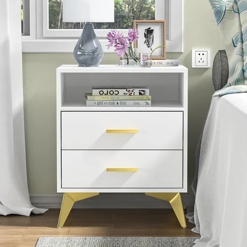 Miniatura 10 de Giluta Mesita de noche blanca con 3 cajones, moderna mesita de noche con patas y asas de metal macizo dorado, mesa de noche de madera, mesa auxiliar
