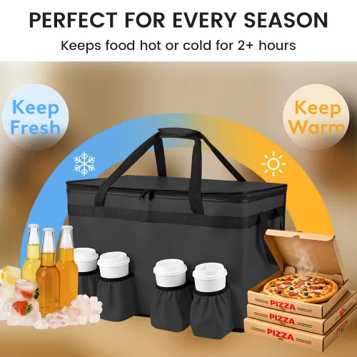 Miniatura 7 de Bolsa aislada para entrega de alimentos con 4 portavasos, bolsas de comestibles XXXL que mantienen los alimentos calientes/fríos, bolsas enfriadoras