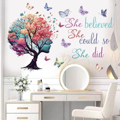 Miniatura 6 de Arte de pared con citas inspiradoras - Adhesivos de árbol y mariposa "She Believed She Could So She Did" para decoración de dormitorio y sala