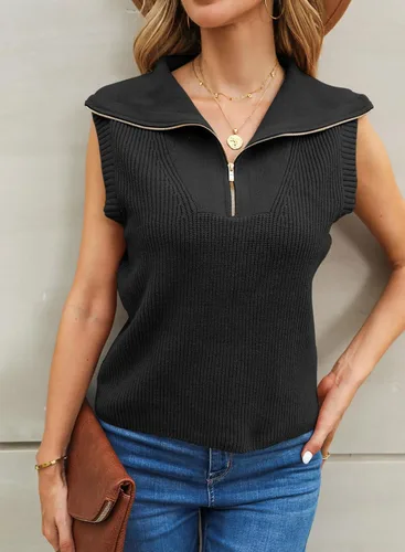 Miniatura 4 de EVALESS Suéteres sin mangas para mujer, suéter de punto con cuello en V y cuello en V, suelto, media cremallera, suéter sin botones