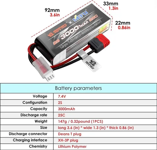 Miniatura 2 de 2 unids 2S 7.4 V 25C 3000 mAh batería con T enchufe para MJX H16E H16P H16PL H16BM H16DR H16GT 14301 JC16EP M161 RC control remoto coche
