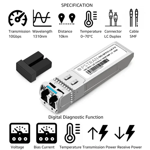 Miniatura 2 de 10GBASE-LR SFP+ Módulo Transceptor Óptico, 1310nm, 6.2 mi, DDM, Duplex LC SMF, 10 unidades, Gris, Sólido