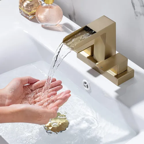 Miniatura 7 de Grifo de cascada de baño central de 4 pulgadas, 2 manijas y 3 agujeros, grifo de lavabo de cascada con desagüe desplegable con desbordamiento, oro
